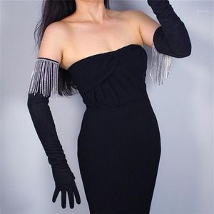 Five Fingers Gloves 2021 70cm Rhinestone Extra Long Tassel Chain Diamond Imitation Leather Suede Matte Black Woman's WJP09-70265y