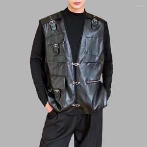 Men's Vests PU Leather Motorcycle Vest For Men Aircraft Buckle Zipper Patchwork Waistcoats Streetwear Sleeveless Fashion