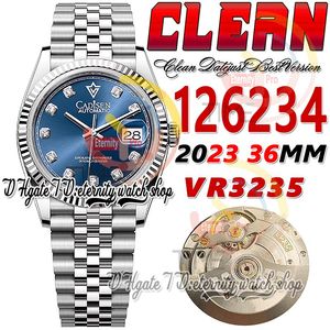 Clean CF 126234 VR3235 Relógio automático unissex masculino feminino relógio 36 mm canelado mostrador azul marcadores de diamantes 904L pulseira Jubileesteel Super Edition eternitywatches