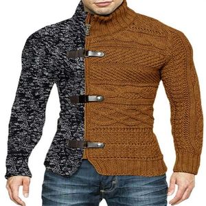 Coletes masculinos 2021 outono inverno gola alta camisola combinando cor botão de couro manga longa malha cardigan tamanho grande wear291o