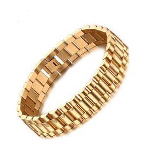 15mm Luxury Men Watch Band Bracelet Gold Plated Stainless Steel Strap Links Cuff Bangles Jewelry Gift 22CM308R