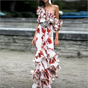 Fashion Style Premium Top Quality Original Design Women's Maxi Dress Ladies Sexy Elegant Printing Slash Neck Ruffle Dresses2524