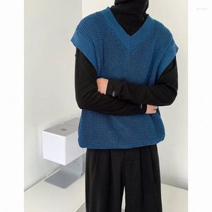 Män västar svartblå grön v-ringning tröja väst män mode casual stickad pullover koreanska lösa män stickade