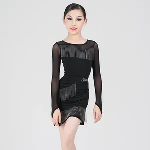 Palco desgaste tassle vestido de dança latina preto tops saia meninas manga longa desempenho traje chacha moderno salsa prática roupas dl10935