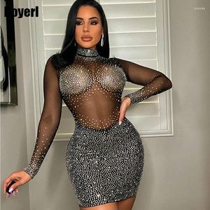 Casual Dresses Elegant Rhinestone Sparkly Birthday Dress for Women Luxury Diamond Sheer Mesh See Through Mini Sexy BodyCon Party