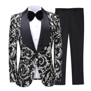 Men's Suits Blazers 2023 Come Homme Black Silver Floral Men Suits Terno Slim Fit Party Wedding Tuxedo For Men Formal Groom Suits Best Man Blazer YQ231016