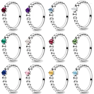 Anéis de cluster autêntico 925 anel de prata esterlina pedra de aniversário frisada com cristal para mulheres senhora presente de aniversário fino diy moda jóias