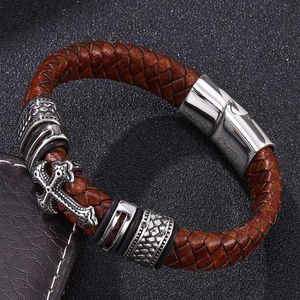 Quality Vintage Men Jewelry Brown Braided Leather Cross Bracelet Stainless Steel Magnetic Clasp Mens Handmade Bangles Bangle250p