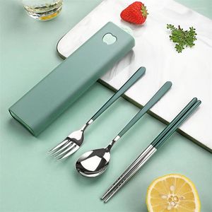 Dinnerware Sets 2/3PC Spoon Fork Chopsticks Cutlery Set Portable 304 Stainless Steel Lunch Tableware With Box Kitchen Accessories