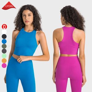 lu lu yoga vest女性フィットネスブラックタンクトップワイドショルダーストラップ拡張ヘムレーサーバックタンクジムアクティブ摩耗lu lememm wokroutのためのクロップトップ