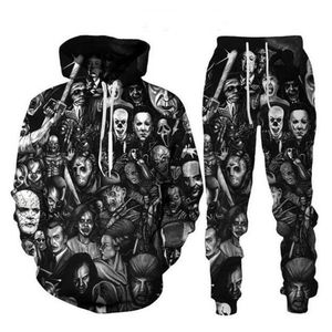 Moda filme de terror palhaço 3d toda impressão fatos de treino das mulheres dos homens halloween hoodie joggers calças suit229y