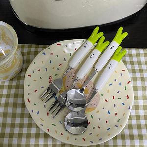 Dinnerware Sets Portable Stainless Steel Ceramic Tableware Spoon Fork Set Children's Student Travel Storage Box Cute Cartoon Green Onion