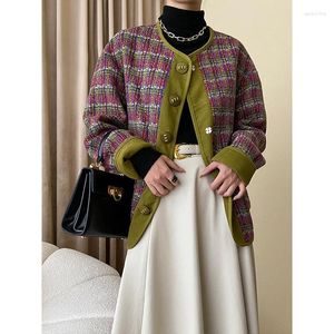 Giacche da donna Cappotto di tweed con cuciture scozzesi rosse vintage Cappotto di tweed femminile piccolo profumo Manica lunga Grigio Casual Allentato Moda Autunno Inverno Donna