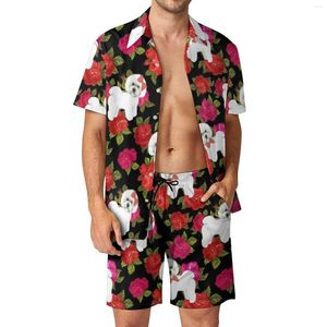 Men's Tracksuits Dog Men Sets Poodle Rose Flower Casual Shorts Summer Hawaii Beachwear Shirt Set Short-Sleeve Custom Oversize Suit Birthday
