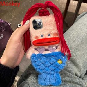 Capas de telefone celular 3D Cute Plush Mermaid Girls Gift Phone Case para iPhone 15 14 13 Pro Max 12 11 X XR 6 7 8 Plus Inverno Cabelo fofo Capa traseira macia L2310/16