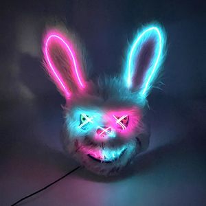 Party Masks Led Glowing Cosplay Bloody Rabbit Mask Halloween Scary Killer Bunny Headgear Carnival Masquerade Dance Horror Costume Props 231016
