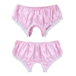 Gay Sissy Open Crotch Briefs Male Skirted Underwear Soft Shiny Satin Ruffled Lace Trim Panties Men Crotchless Thong G-string Under201u