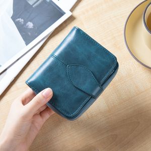 Factory wholesale ladies shoulder bags 3 colors retro wax leather short wallet multi-card zipper embroidery women purse simple belt buckle clutch bag 5250#