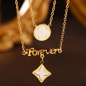 Fritillaria Four Leaf Clover Letter Necklace Double Layered Pendant for Women Designer Titanium Steel Charm Necklace