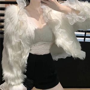 Women's Fur White Lace Ruffle Jacket 2023 Autumn Winter Imitation Coat Fashion Young Short Women Sweet Female Trend