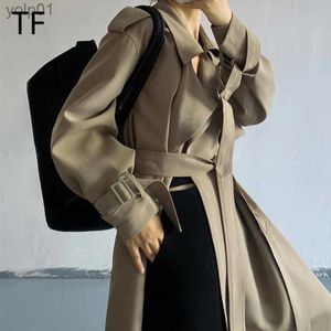 Kvinnorjackor Kvinnor Uncnottoned Long Trench Coat 2023 Spring Autumn Khaki Windbreaker With Belt Korean Fashion Loose Outerwear Femmel231016