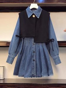 Work Dresses Plus Size Autumn Two Piece Sets For Women Outfits Korean Casual Irregular Vest Long Sleeve Polo Collar Denim 4XL