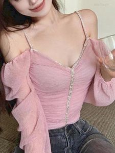 Bluzki damskie jesienne różowe seksowne eleganckie bluzka kobiety potargane backless koreański designerski topy żeńskie mody modyfikowania mody 2023