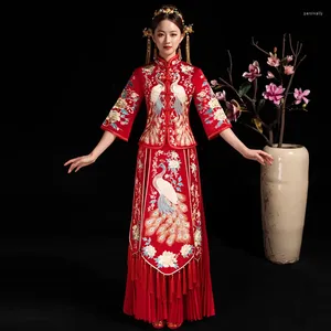 エスニック服中国伝統的な刺繍フェニックス女性花嫁ウェディングドレスサテンヴィンテージチョンサムオリエンタルクラシックスーツベスティドス