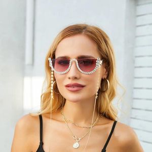 Sonnenbrille Luxusdesigner Diamond Cat Eye Frauen halbfahrlose Sonnenbrille Kristall sexy Rahmen Strass Strettbrillen Brillen