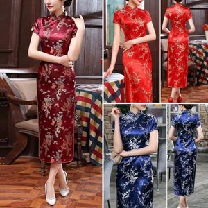 Etniska kläder Kvinnor klär blommig broderi stil dam vintage qipao kinesiska knutknappar cheongsam satin silkeslen traditionell asiat