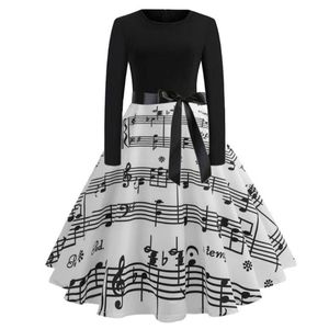 Sukienki swobodne vintage muzyka notatka drukująca długie rękaw dla kobiet retro elegancka linia midi sukienka z szarfią vestido de mu298p