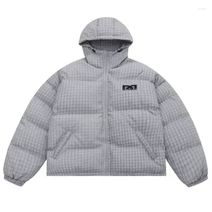 Men's Jackets Hip Hop Houndstooth Thick Warm Bubble Padded Coats Harajuku Cotton Hooded Tops 2023 Winter Parkas Streetwear