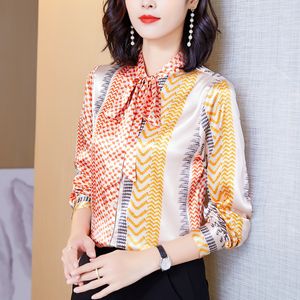 Ribbon Bow Elegant Woman Satin Blouses Designer Button up Shirt Autumn Winter Runway Casual Versatile Silk Print Shirts 2023 Office Ladies Graphic Top Plus Size