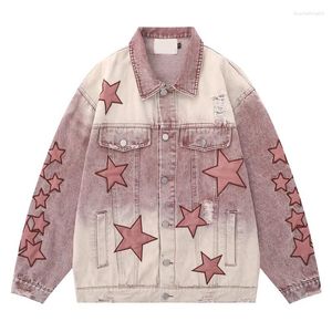 Jaquetas masculinas homens hip-hop lavado denim jaqueta remendo estrela bordado mulheres casaco unisex bomber rosa cowboy outwear primavera outono rua