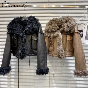 Женские кожаные зимние пальто 2023, уличная одежда, куртки с воротником из овечьего меха для девочек, модное теплое пальто с длинными рукавами