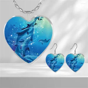 Necklace Earrings Set Dolphin Swarm Pattern Heart Shaped Glass Pendant Exquisite Graduation Party Birthday Gift Girl Jewelry