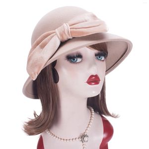 Berets Damen Samtschleife Wollfilz Cloche Eimer Breite Krempe Hochzeit Fedora Hut T477