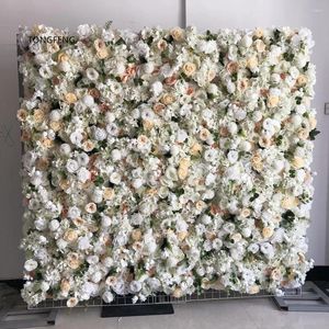 Dekorative Blumen, künstliche Seidenrosen, gerollte Blumen, Wandpaneel für den Außenbereich, Saal, Hochzeitshintergrund, Dekoration mit Blättern, Champagnerweiß