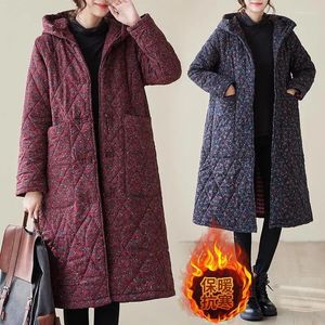 Frauen Trenchcoats 2023 Herbst und Winter Baumwolle Leinen Blumenjacke Ethnischer Stil Pan Button Mit Kapuze Verdickter Warmer Langer Steppmantel Z3378