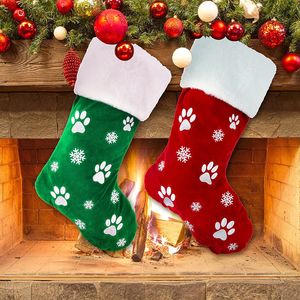 18 Inch Large Christmas Stocking Dog Cat Paw Print Snowflake Pattern Hanging Stockings Red Green Christmas Decorations Gift Bag Xmas Tree Ornament