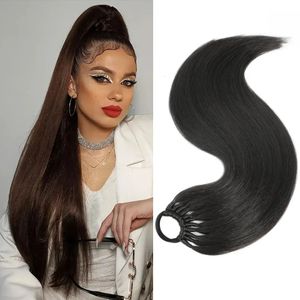 Hair Bulks Langer gerader Schwanz 24 Zoll Synthetik auf elastischem Band Natürliches Haarteil hitzebeständig 231013