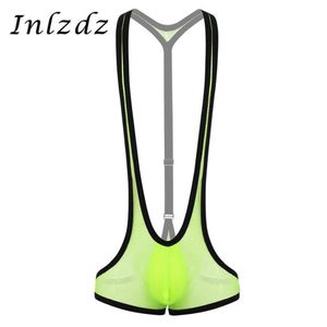 Mens Wrestling Singlet Bodysuit Se genom ren fisknät Y-back Bulge Pouch Suspender Jockstrap Leotard Underwear bodysuit240r