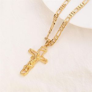 18 K Solidny drobny żółty złoto wypełniony Jezus Crucifix Cross Cross Ramka Włoska Figaro Link Naszyjnik 60 cm 3mm2283