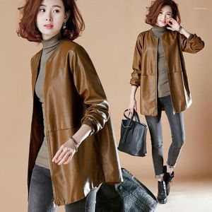 Women's Leather Spring And Autumn Fashion Korean Non-Cracked Medium-Length Jacket Loose Baseball Suit Windbreaker