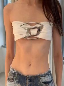 Damen-T-Shirt, Herbst-Winter, Metall, sexy, trägerlos, rückenfrei, Crop-Top, Korsett für Frauen, ärmellos, gerüscht, Röhrenoberteile, schlank, Club-Party-Outfits 2023 231016