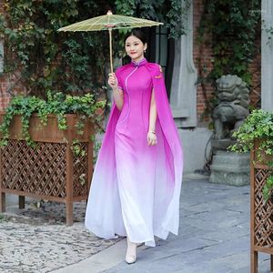 Abbigliamento etnico Abito cinese in raso sfumato viola-bianco Donna lungo Qipao con scialle 2 pezzi Elegante cheongsam da donna Banchetto oversize