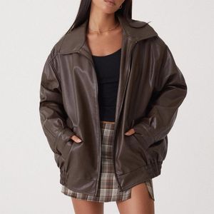 Mulheres jaqueta de couro falso casual motocicleta manga longa casaco solto ajuste legal lapela outono inverno streetwear