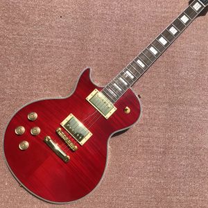 Top in acero fiammato per chitarra elettrica, personalizzato per mano sinistra, colore rosso trasparente, tastiera in palissandro, hardware dorato