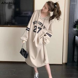 Casual Dresses Hooded Midi Women Letter Straight Loose Personality Japanese Style Y2k Simple Girls Fashion All-match Streetwear