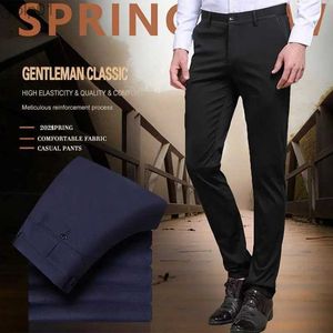 Herrspårar Nya smala höga stretch Men's Casual Pants Sunmmer Classic Solid Color Business Wear Formal Suit Pants Dropshippingl231016